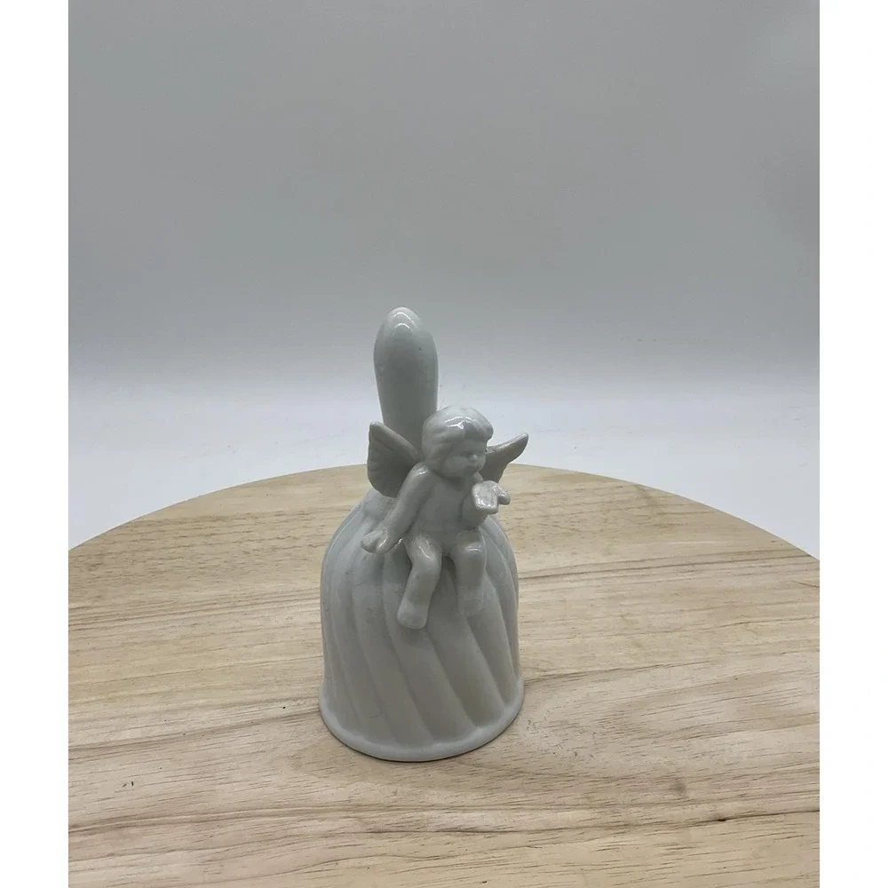 White‎ Ceramic Angel Bell Figurine Cherub Sitting On Bell Decorative Collectible